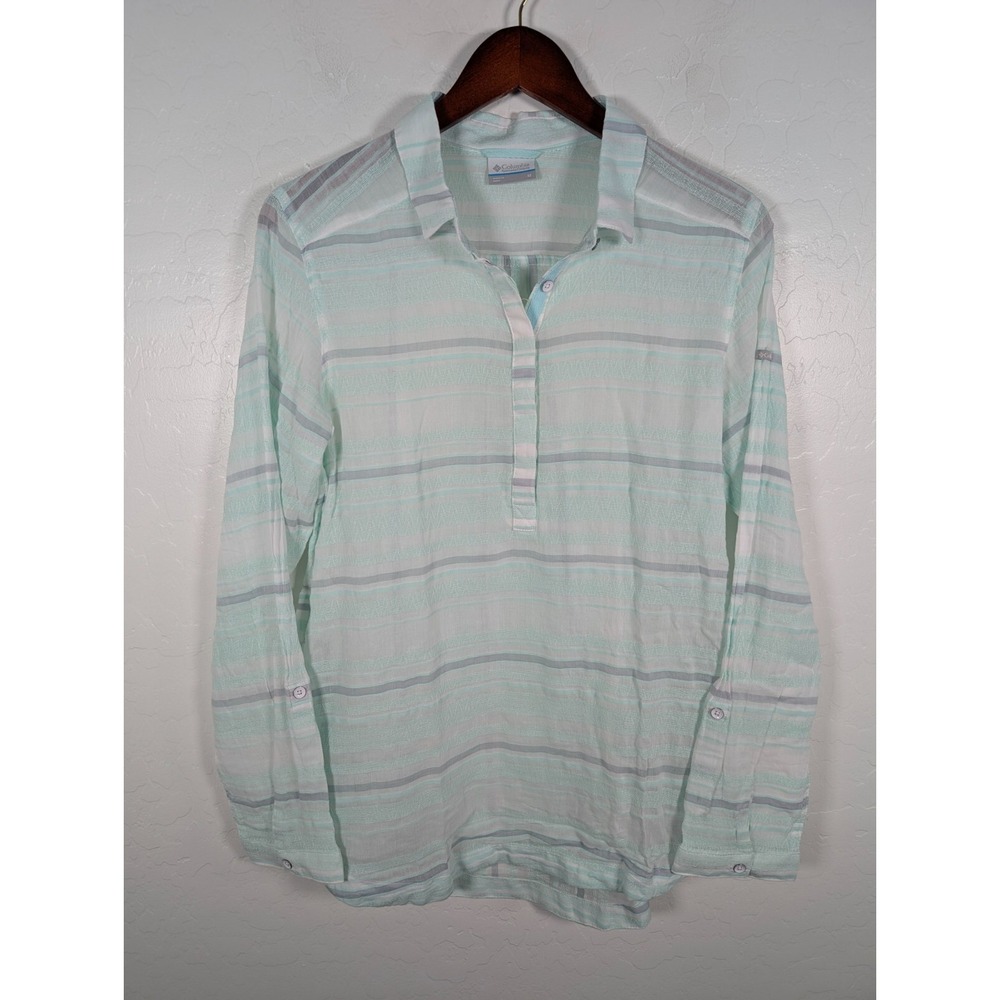 Columbia Blouse Women's Medium Top Green Striped Popover Long Sleeve Collared